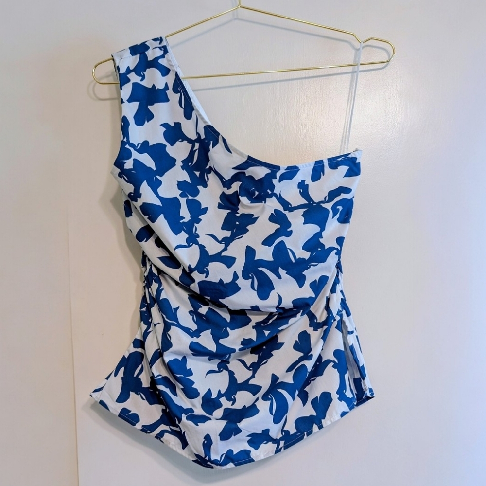 Abercrombie & Fitch One Shoulder Floral Poplin Top NWT Blue White Ruched Size M
